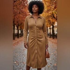 ZARA NWOT Ruched Faux Suede Midi dress button up tan collared size XS